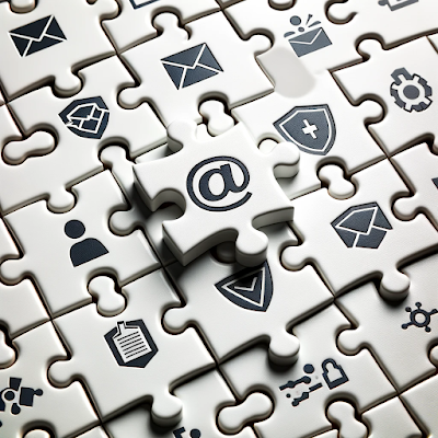 White jigsaw puzzle pieces with various digital symbols including an email icon, shield, person, and gear.