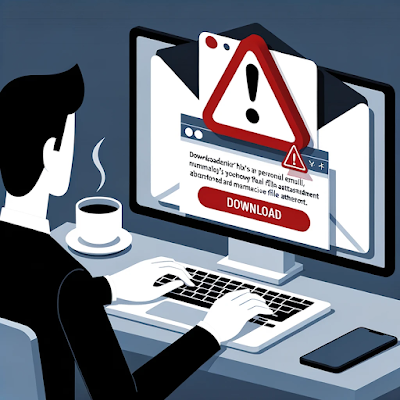 Silhouetted figure sitting at a computer desk, viewing a warning message about a malicious downloads on the monitor, with a steaming cup of coffee beside.