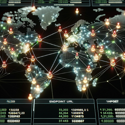 A detailed graphical representation of a global network on a dark background. Multiple interconnected nodes with glowing lines spread across a world map, representing digital connections or internet traffic. Numerical data and labels such as "ENDPOINT URL" are displayed alongside the network.