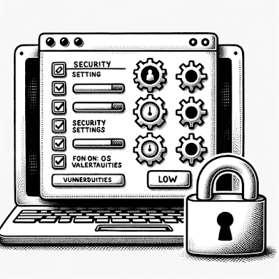 Monochrome illustration of a computer screen displaying security settings, gear icons with user profiles, and a padlock in front of the keyboard, emphasizing digital protection.