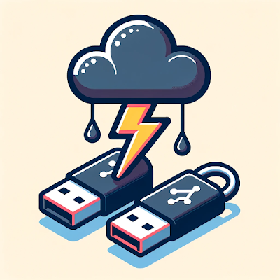 Stormy clouds with lightning striking USB flash drives, symbolizing potential digital threats.