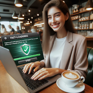 A smiling young woman using a laptop in a modern cafe, with a coffee cup next to her. The laptop screen displays a "FAST-LOADING" message with a green checkmark.