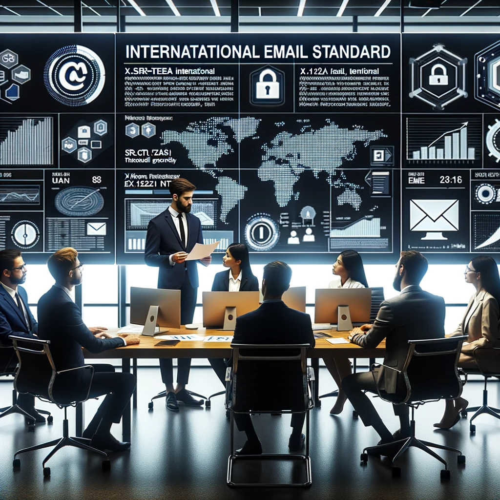 Professional team in a meeting room discussing the 'INTERNATIONAL EMAIL STANDARD' displayed on a large screen behind them with various digital graphics.