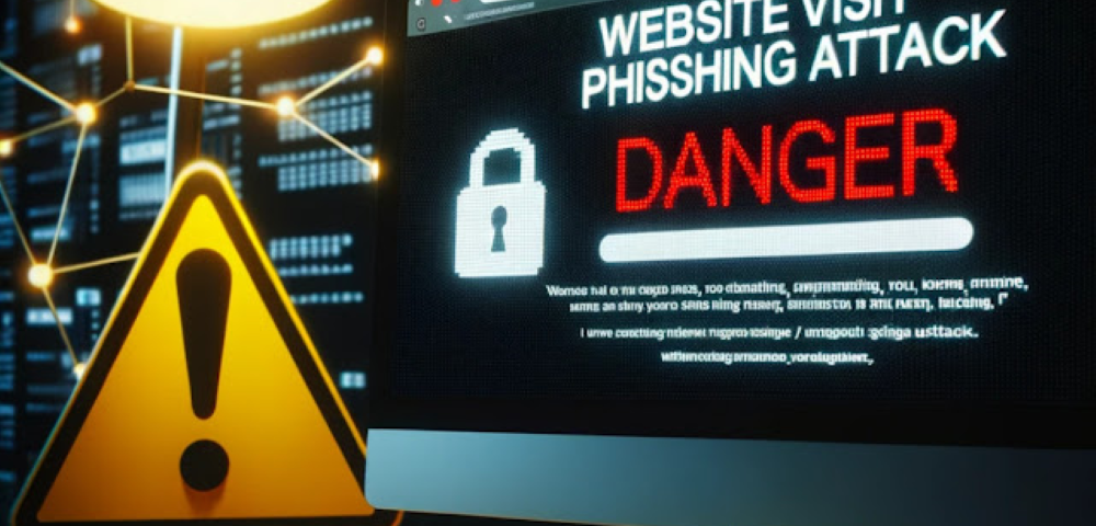 A computer screen displaying a warning of a phishing attack with a lock icon, a danger sign, and a computer keyboard and mouse on a desk with a digital background.