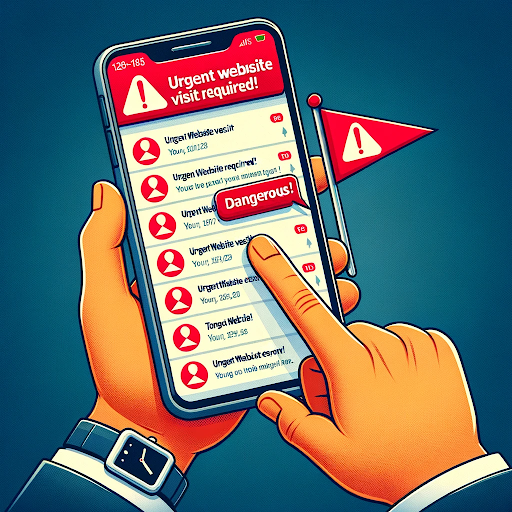 An illustration of a hand holding a smartphone displaying multiple urgent and dangerous email notifications, symbolizing phishing attacks or scams.