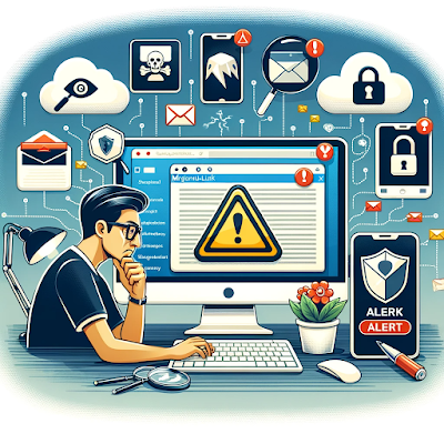Illustration of a person working on a computer with various security icons surrounding them, representing the concept of online security.