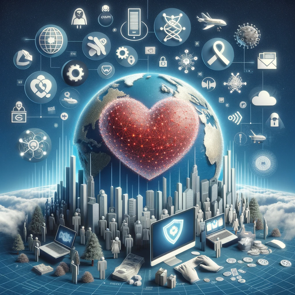 A conceptual image of Earth with a glowing red heart overlay and surrounding icons denoting various global and technological themes, representing interconnectedness and global welfare.
