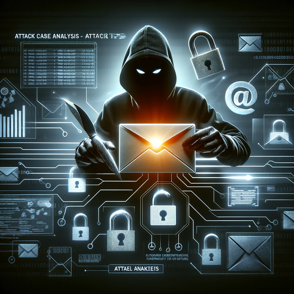 A hooded figure with glowing eyes holding a letter with a digital envelope, symbolizing email hacking or cybersecurity threats, set against a backdrop of various digital security elements.