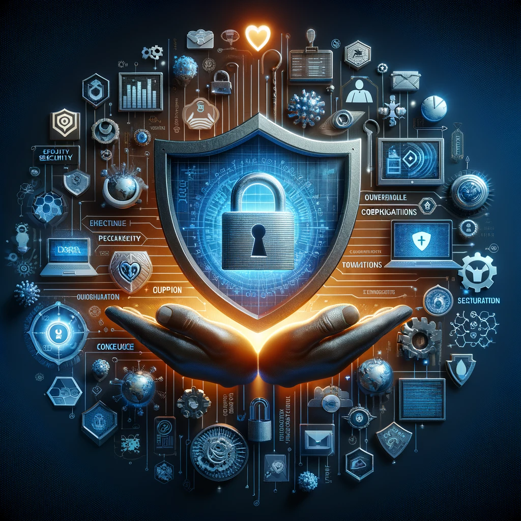 A pair of hands holding a virtual shield with a padlock, flanked by numerous security and technology icons, symbolizing the human role in data protection and information security.