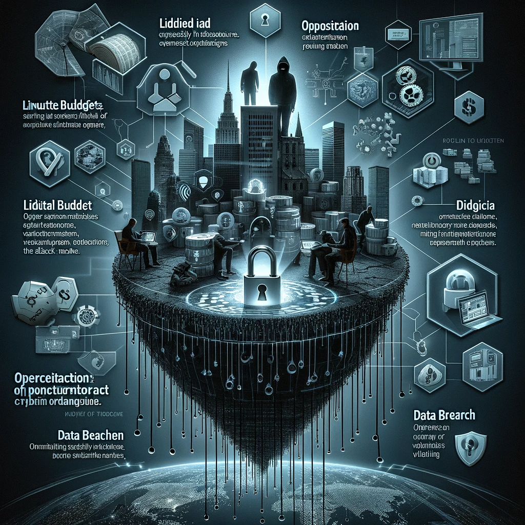 Futuristic depiction of a cybersecurity battle against data breaches, with figures standing over a floating cityscape platform with digital connections and security symbols.