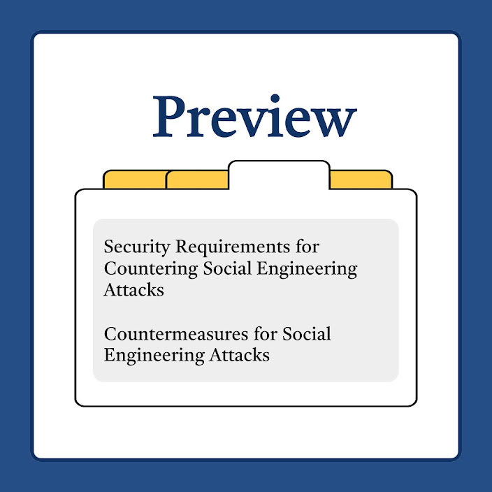 A graphic titled 'Preview' showing tabs labeled 'Security Requirements for Responding to Social Engineering Attacks' and 'Countermeasures Against Social Engineering Attacks', indicating a document or a section on preventive strategies.