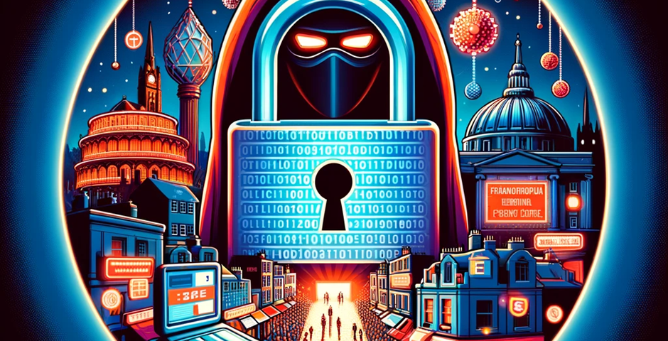 A digital art piece depicting a futuristic cityscape encased within a keyhole design, with a stylized figure in the center surrounded by buildings and data streams.