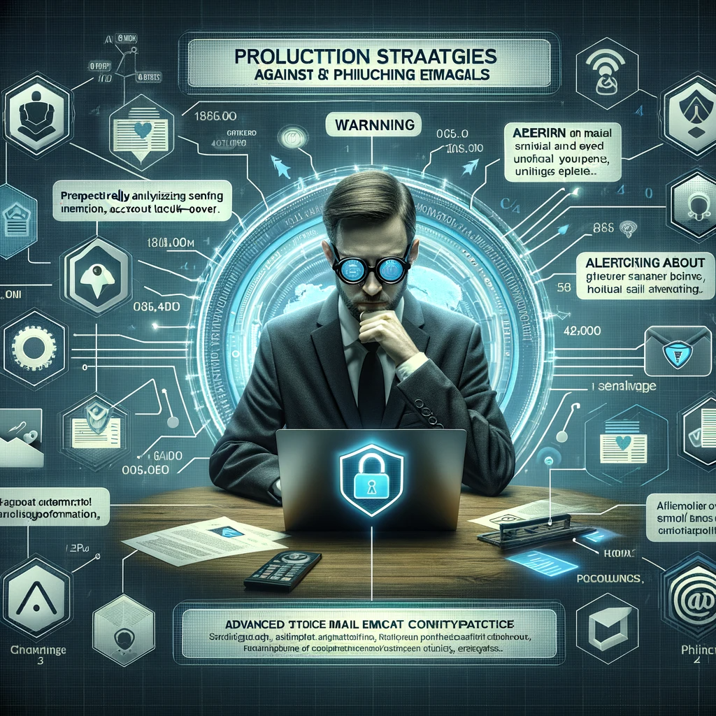 Illustration of a cybersecurity expert analyzing threats, surrounded by a complex digital interface with graphs, locks, and cybersecurity terminology.