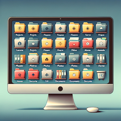 A computer monitor displaying a well-organized array of colorful app icons on the screen.